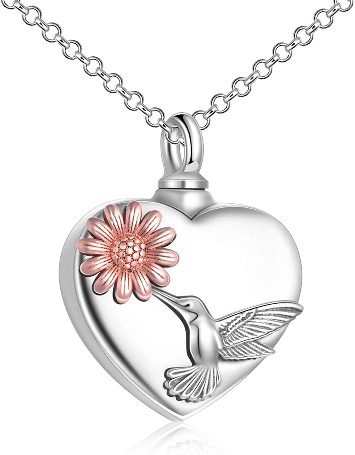 Heart Urn Necklaces for Ashes Sterling Silver Hummingbird Sunflower/Butterfly Daisy /Heart Elephant Urn Necklace Cremation Memory Jewelry for Women Men Hummingbird-rose gold