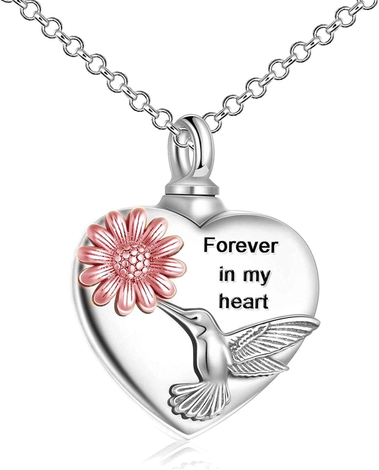 Heart Urn Necklaces for Ashes Sterling Silver Hummingbird Sunflower/Butterfly Daisy /Heart Elephant Urn Necklace Cremation Memory Jewelry for Women Men hummingbird-rose gold engraved