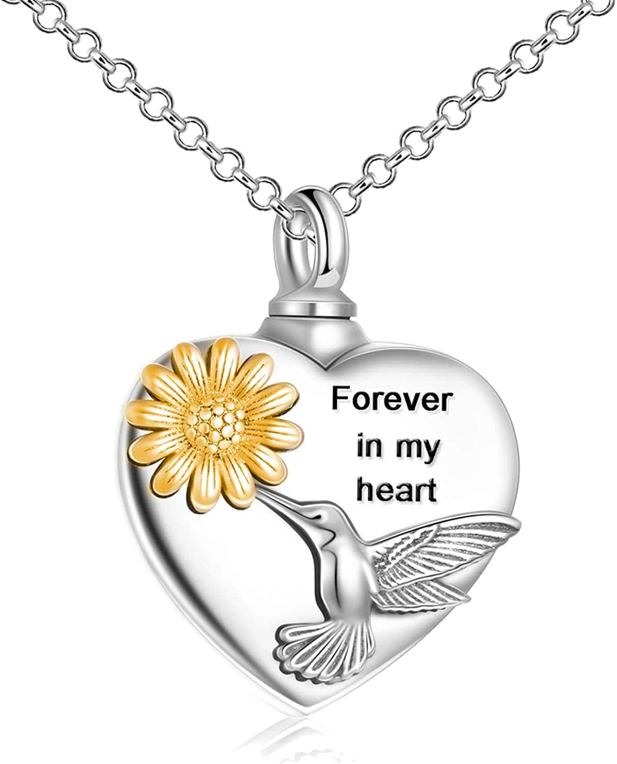 Heart Urn Necklaces for Ashes Sterling Silver Hummingbird Sunflower/Butterfly Daisy /Heart Elephant Urn Necklace Cremation Memory Jewelry for Women Men hummingbird-gold engraved