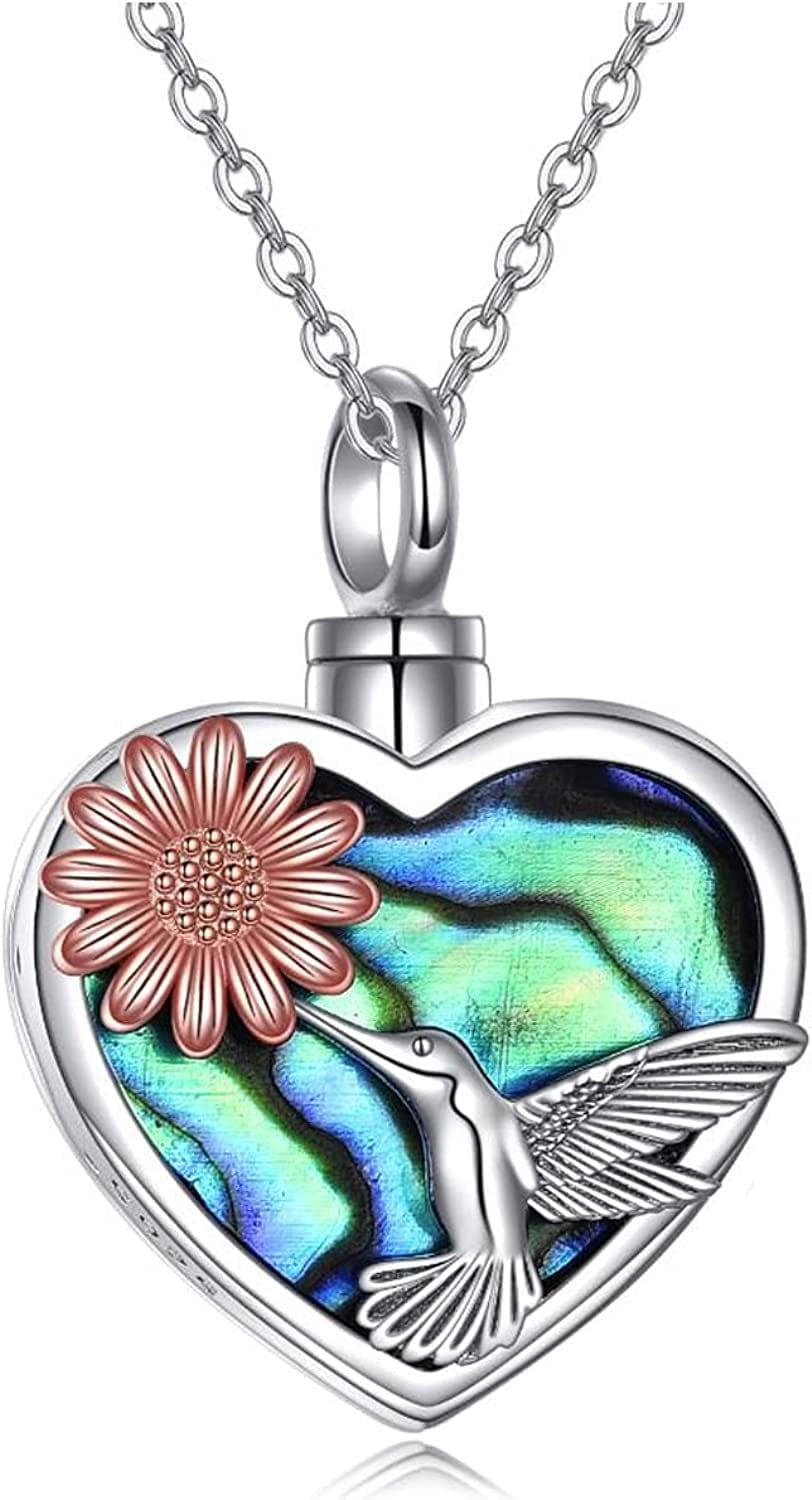 Heart Urn Necklaces for Ashes Sterling Silver Hummingbird Sunflower/Butterfly Daisy /Heart Elephant Urn Necklace Cremation Memory Jewelry for Women Men abalone shell hummingbird