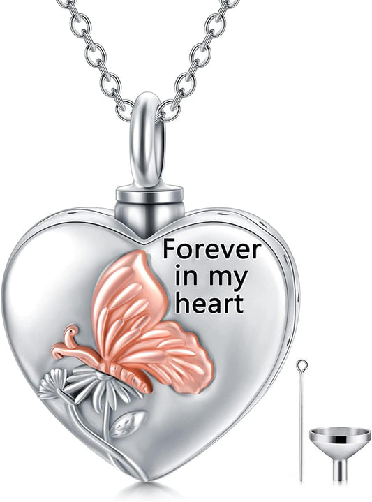 Heart Urn Necklaces for Ashes Sterling Silver Hummingbird Sunflower/Butterfly Daisy /Heart Elephant Urn Necklace Cremation Memory Jewelry for Women Men butterfly-rose gold