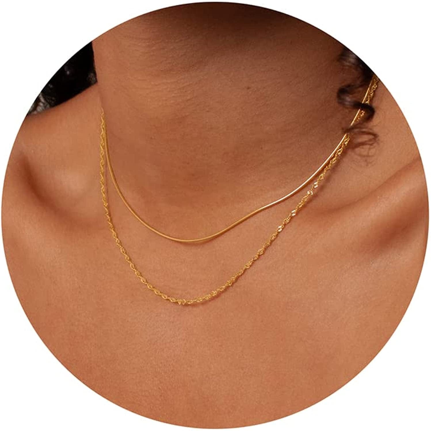 Herringbone Necklace for Women Dainty 14K Gold Snake Chain Necklace Layered Gold Herringbone Double Flat Snake Chain Choker Necklace Thin Chunky Chain Necklace Gift for Her layered wave 1.5mm gold