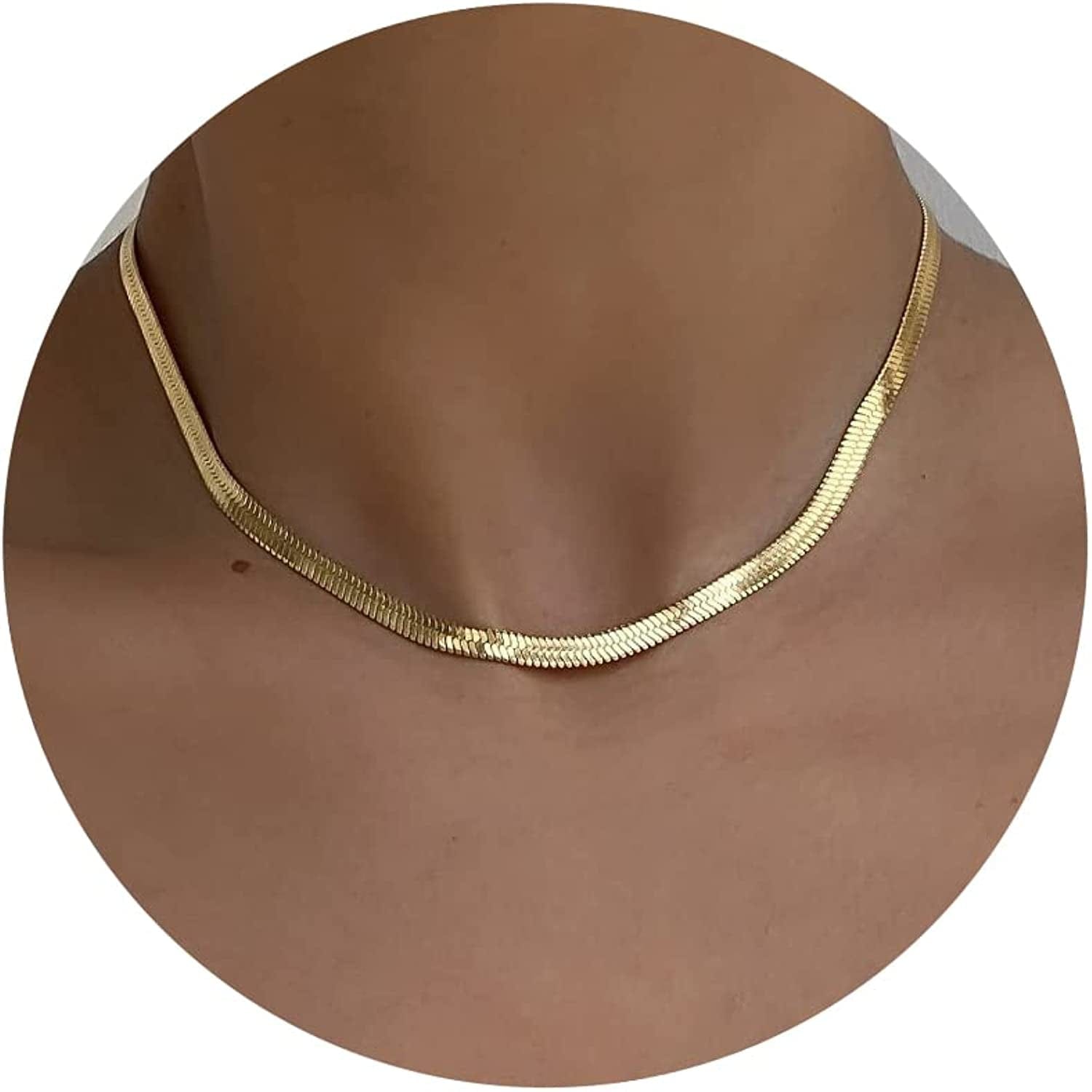 Herringbone Necklace for Women Dainty 14K Gold Snake Chain Necklace Layered Gold Herringbone Double Flat Snake Chain Choker Necklace Thin Chunky Chain Necklace Gift for Her 5mm/14inch gold