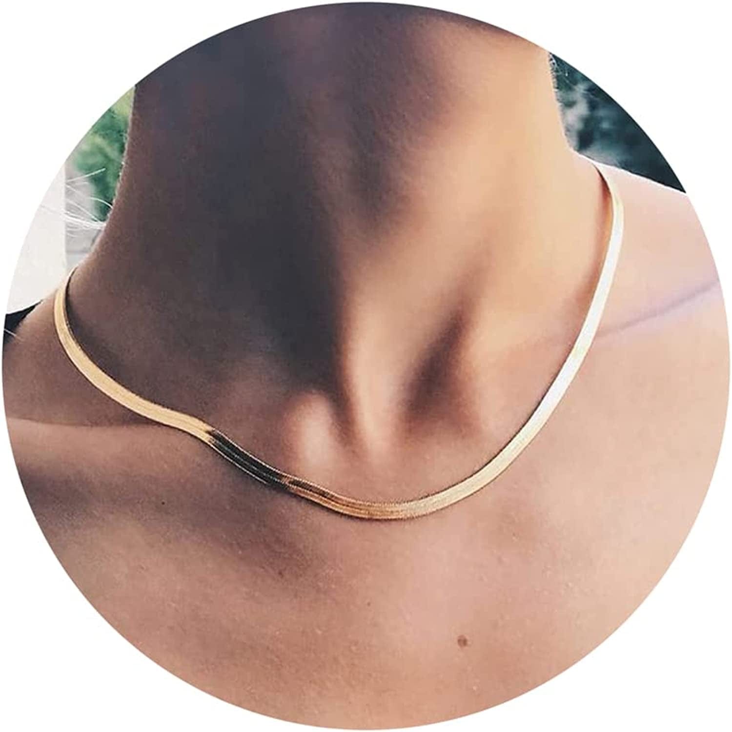 Herringbone Necklace for Women Dainty 14K Gold Snake Chain Necklace Layered Gold Herringbone Double Flat Snake Chain Choker Necklace Thin Chunky Chain Necklace Gift for Her 5mm/16.5inch gold