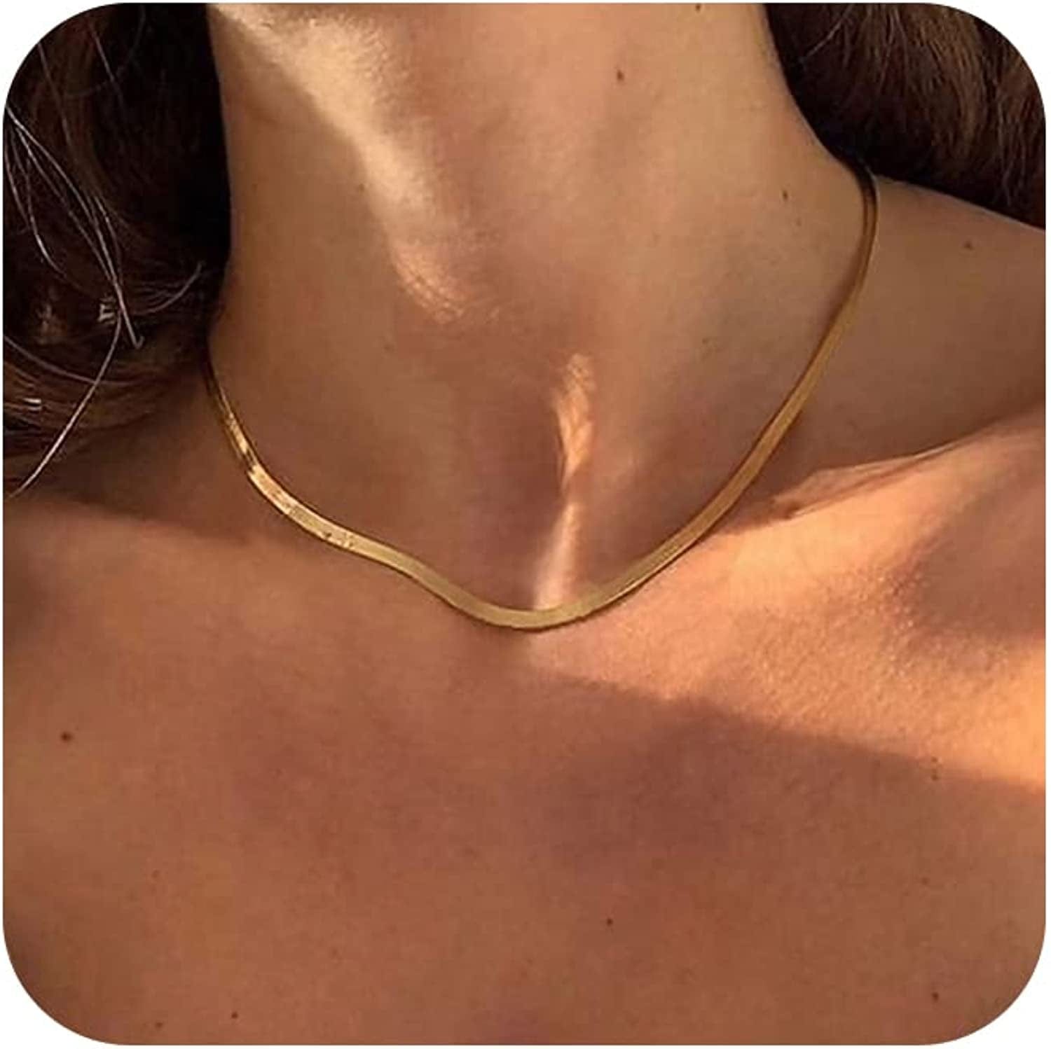 Herringbone Necklace for Women Dainty 14K Gold Snake Chain Necklace Layered Gold Herringbone Double Flat Snake Chain Choker Necklace Thin Chunky Chain Necklace Gift for Her 3mm/14inch gold