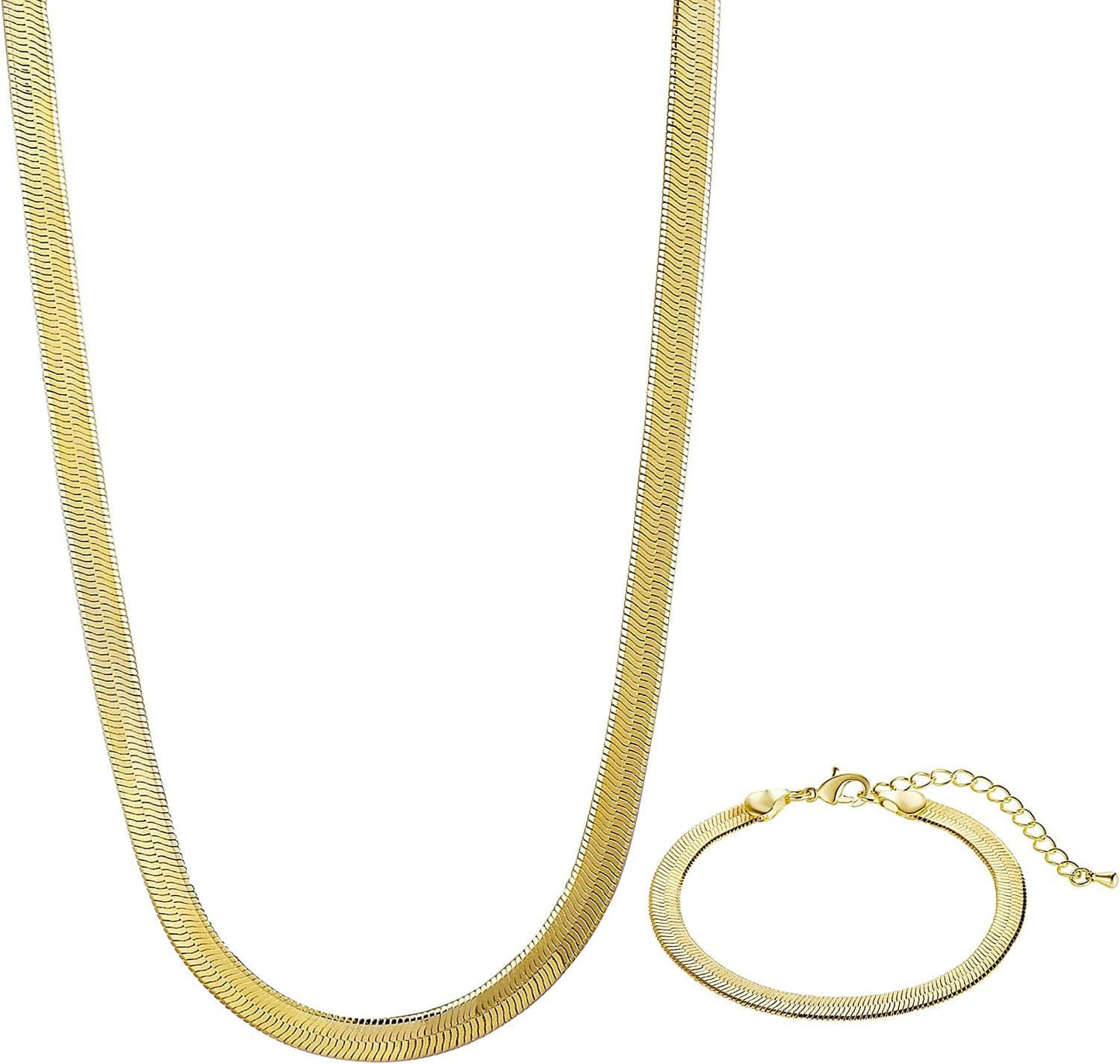 Herringbone Necklace for Women Dainty 14K Gold Snake Chain Necklace Layered Gold Herringbone Double Flat Snake Chain Choker Necklace Thin Chunky Chain Necklace Gift for Her 16.5inchnecklace+bracelet