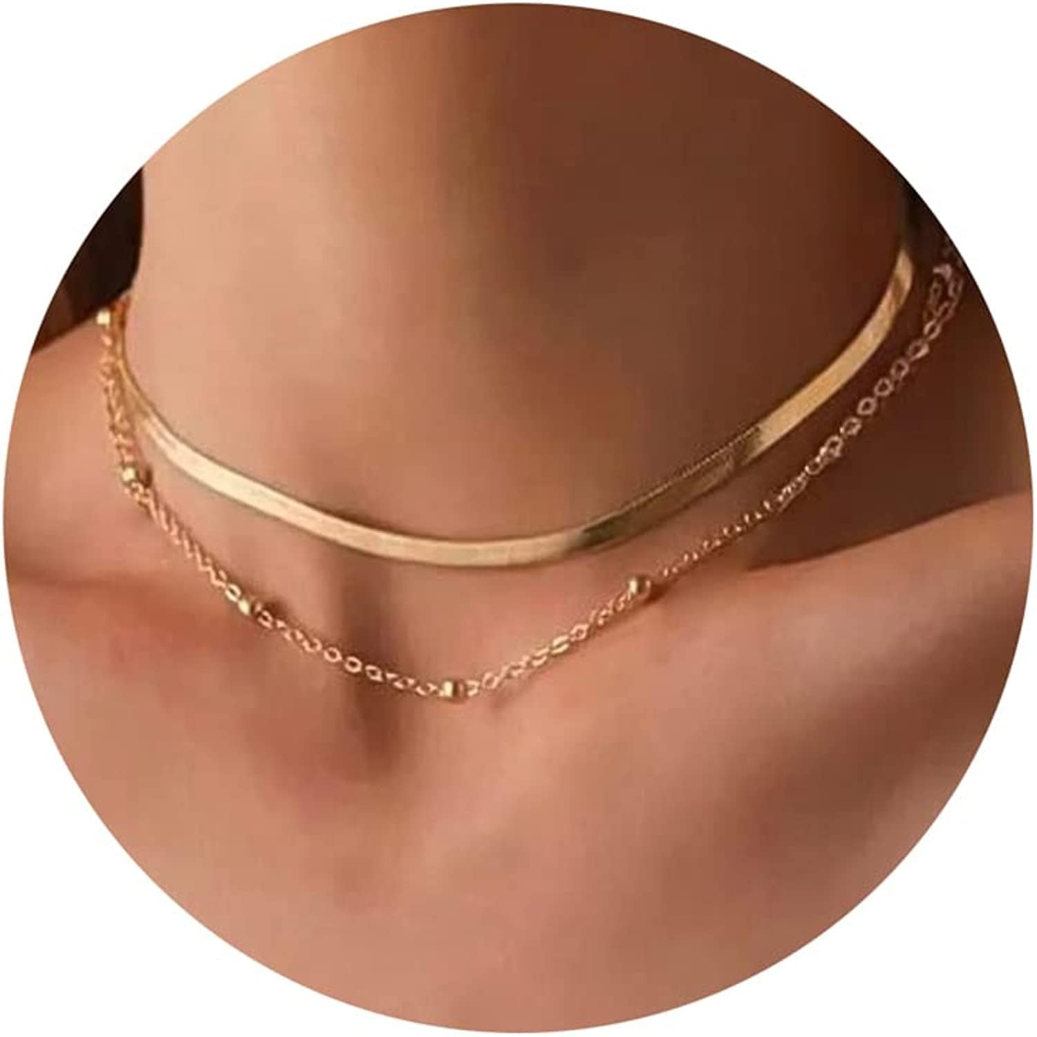 Herringbone Necklace for Women Dainty 14K Gold Snake Chain Necklace Layered Gold Herringbone Double Flat Snake Chain Choker Necklace Thin Chunky Chain Necklace Gift for Her layered beaded 3mm gold