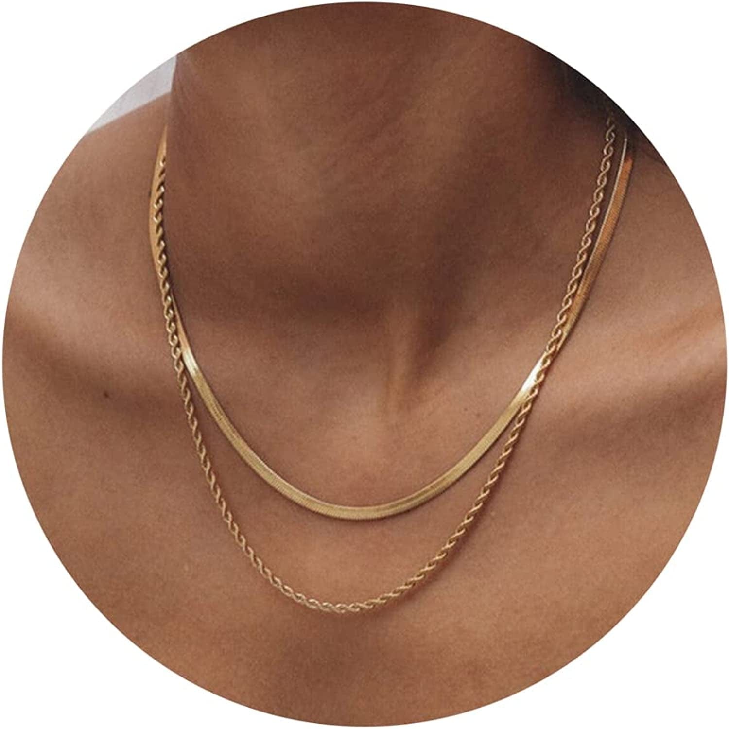 Herringbone Necklace for Women Dainty 14K Gold Snake Chain Necklace Layered Gold Herringbone Double Flat Snake Chain Choker Necklace Thin Chunky Chain Necklace Gift for Her layered rope&3mm