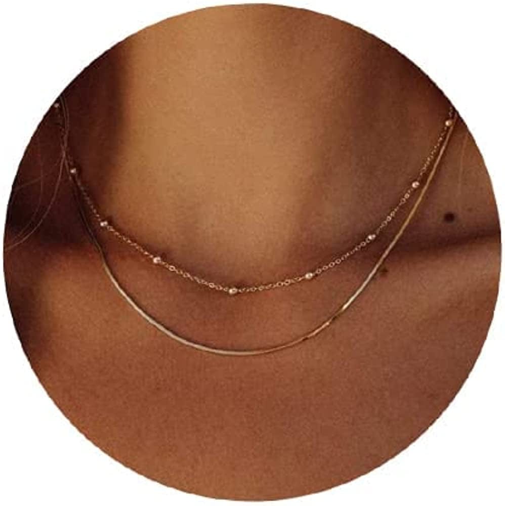 Herringbone Necklace for Women Dainty 14K Gold Snake Chain Necklace Layered Gold Herringbone Double Flat Snake Chain Choker Necklace Thin Chunky Chain Necklace Gift for Her layered beaded 1.5mm gold