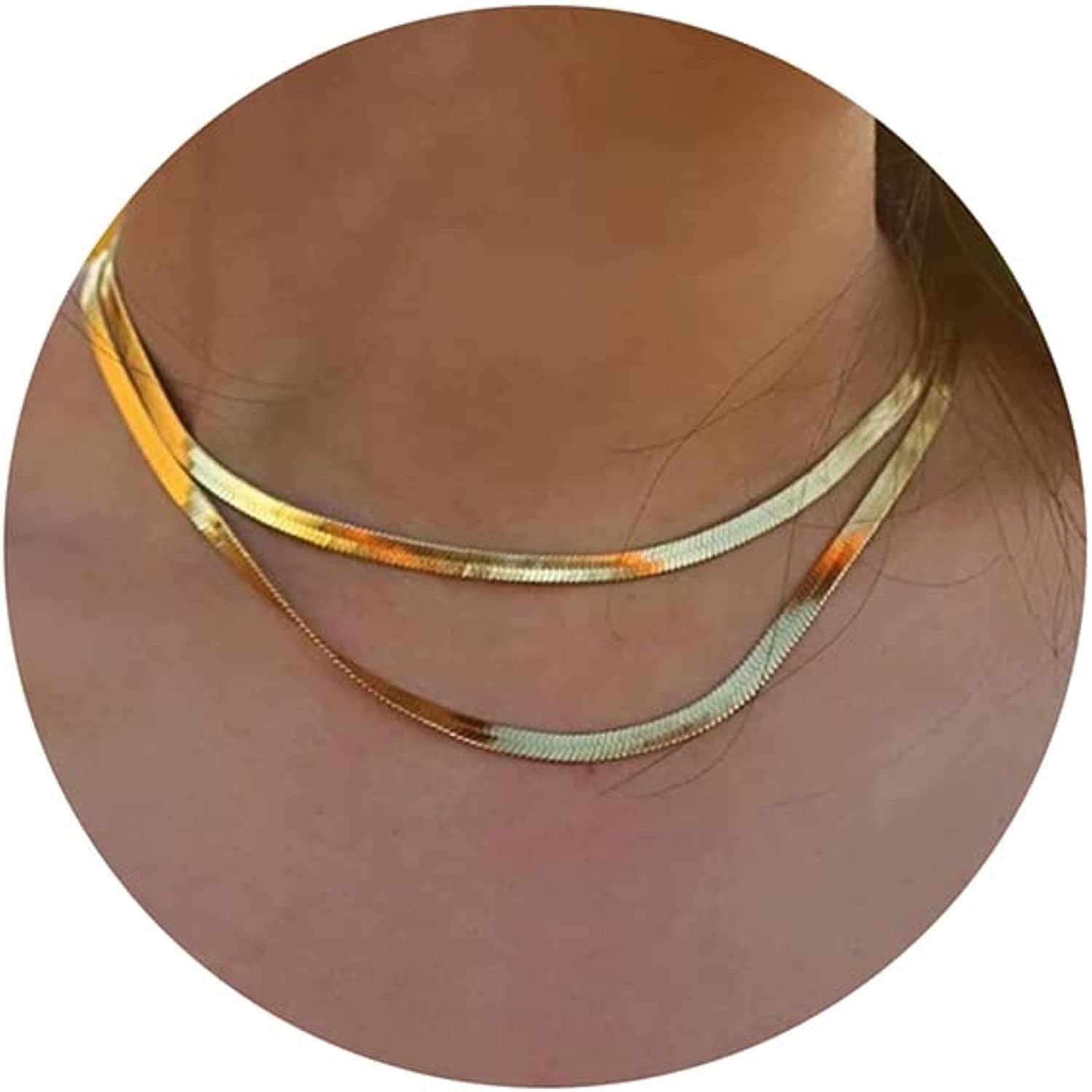 Herringbone Necklace for Women Dainty 14K Gold Snake Chain Necklace Layered Gold Herringbone Double Flat Snake Chain Choker Necklace Thin Chunky Chain Necklace Gift for Her layered 5mm gold