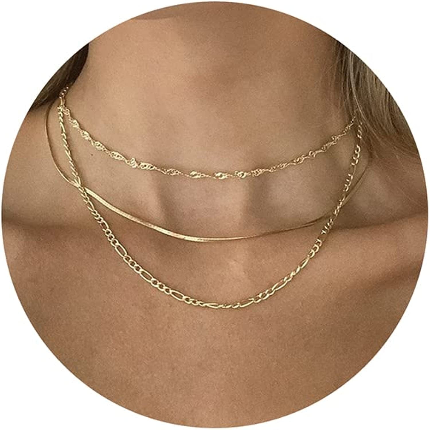 Herringbone Necklace for Women Dainty 14K Gold Snake Chain Necklace Layered Gold Herringbone Double Flat Snake Chain Choker Necklace Thin Chunky Chain Necklace Gift for Her multilayer necklace gold