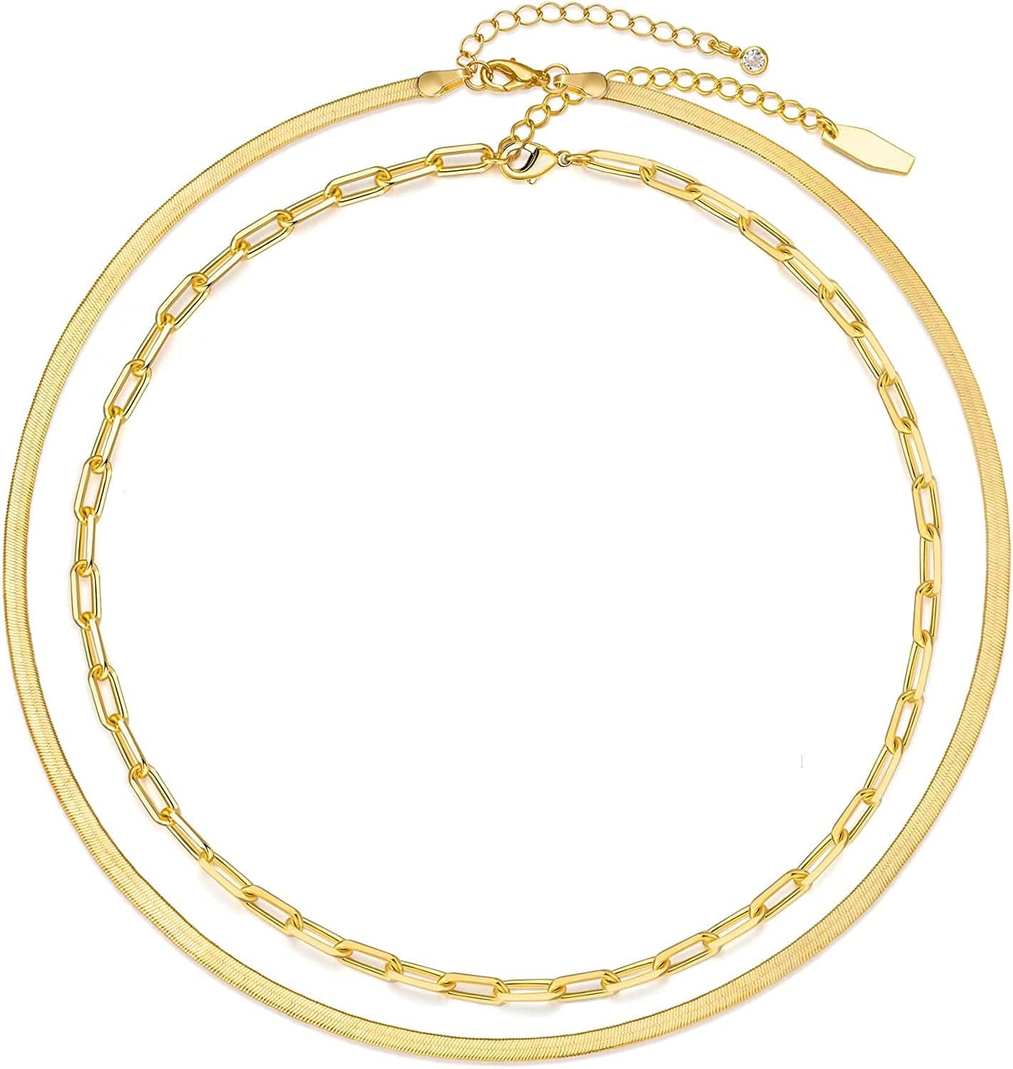 Herringbone Necklace for Women Dainty 14K Gold Snake Chain Necklace Layered Gold Herringbone Double Flat Snake Chain Choker Necklace Thin Chunky Chain Necklace Gift for Her layered paperclip&3mm