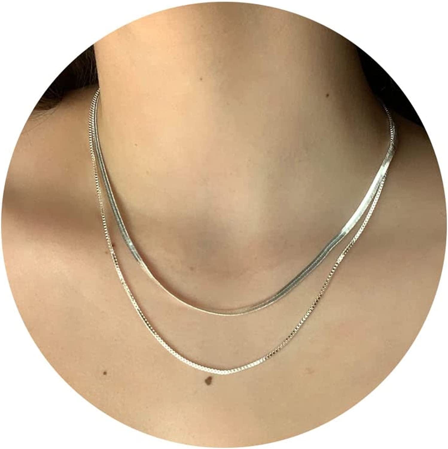 Herringbone Necklace for Women Dainty 14K Gold Snake Chain Necklace Layered Gold Herringbone Double Flat Snake Chain Choker Necklace Thin Chunky Chain Necklace Gift for Her layered 3mm&1.5mm silver