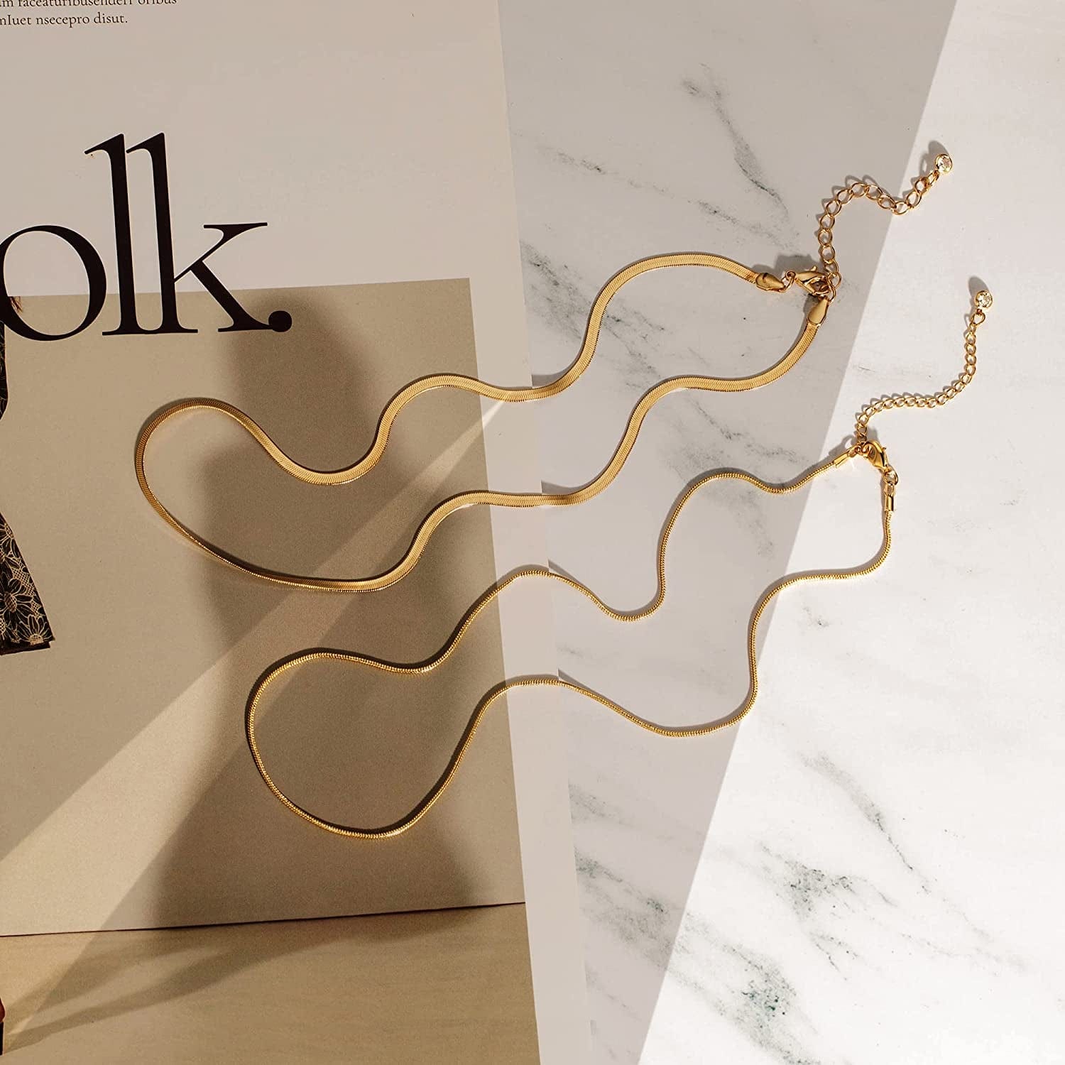 Herringbone Necklace for Women Dainty 14K Gold Snake Chain Necklace Layered Gold Herringbone Double Flat Snake Chain Choker Necklace Thin Chunky Chain Necklace Gift for Her