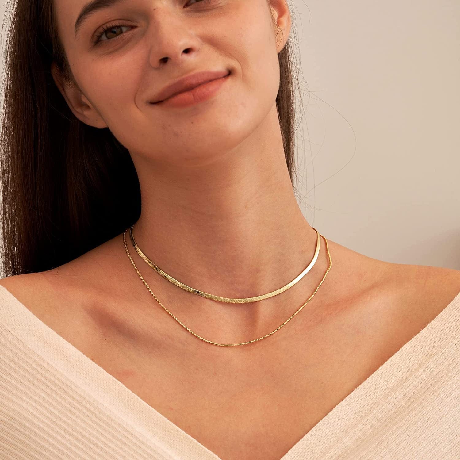 Herringbone Necklace for Women Dainty 14K Gold Snake Chain Necklace Layered Gold Herringbone Double Flat Snake Chain Choker Necklace Thin Chunky Chain Necklace Gift for Her