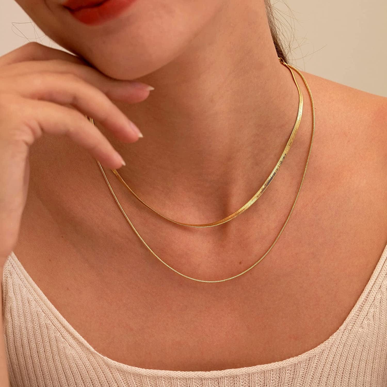 Herringbone Necklace for Women Dainty 14K Gold Snake Chain Necklace Layered Gold Herringbone Double Flat Snake Chain Choker Necklace Thin Chunky Chain Necklace Gift for Her