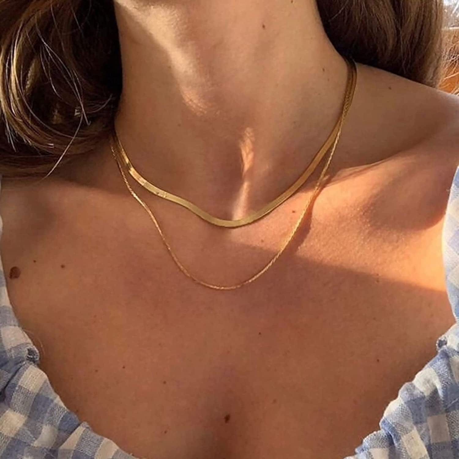 Herringbone Necklace for Women Dainty 14K Gold Snake Chain Necklace Layered Gold Herringbone Double Flat Snake Chain Choker Necklace Thin Chunky Chain Necklace Gift for Her