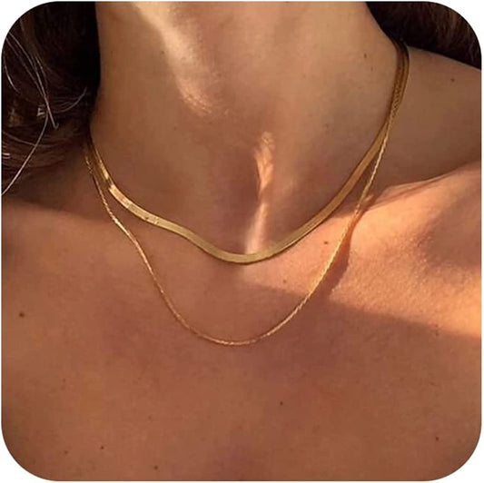Herringbone Necklace for Women Dainty 14K Gold Snake Chain Necklace Layered Gold Herringbone Double Flat Snake Chain Choker Necklace Thin Chunky Chain Necklace Gift for Her layered 3mm&1.5mm