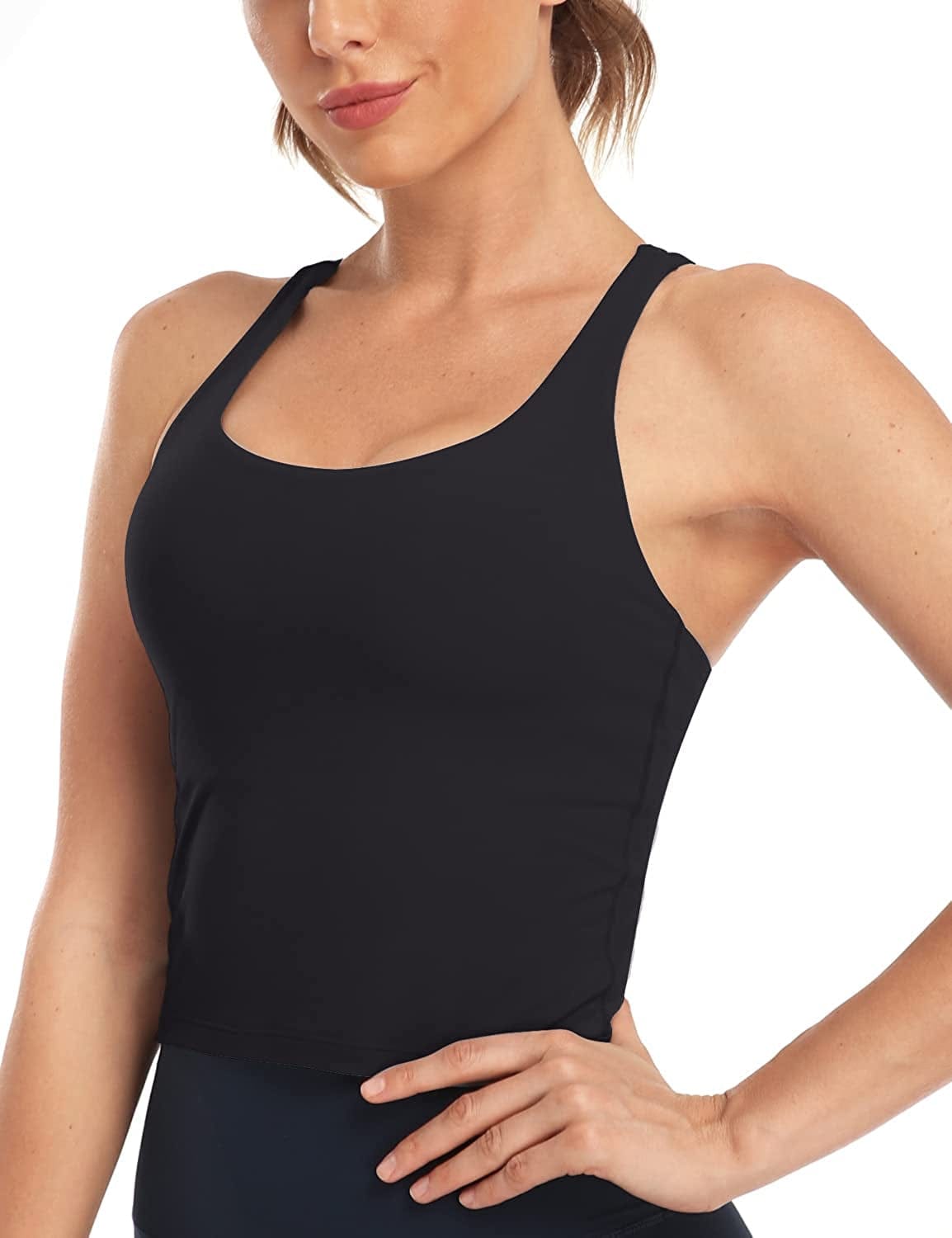 Heynuts Longline Zeal Bras Medium Impact Wirefree Sports Bras Workout Tank Tops with Removable Pads, A-D Cups Black / Large