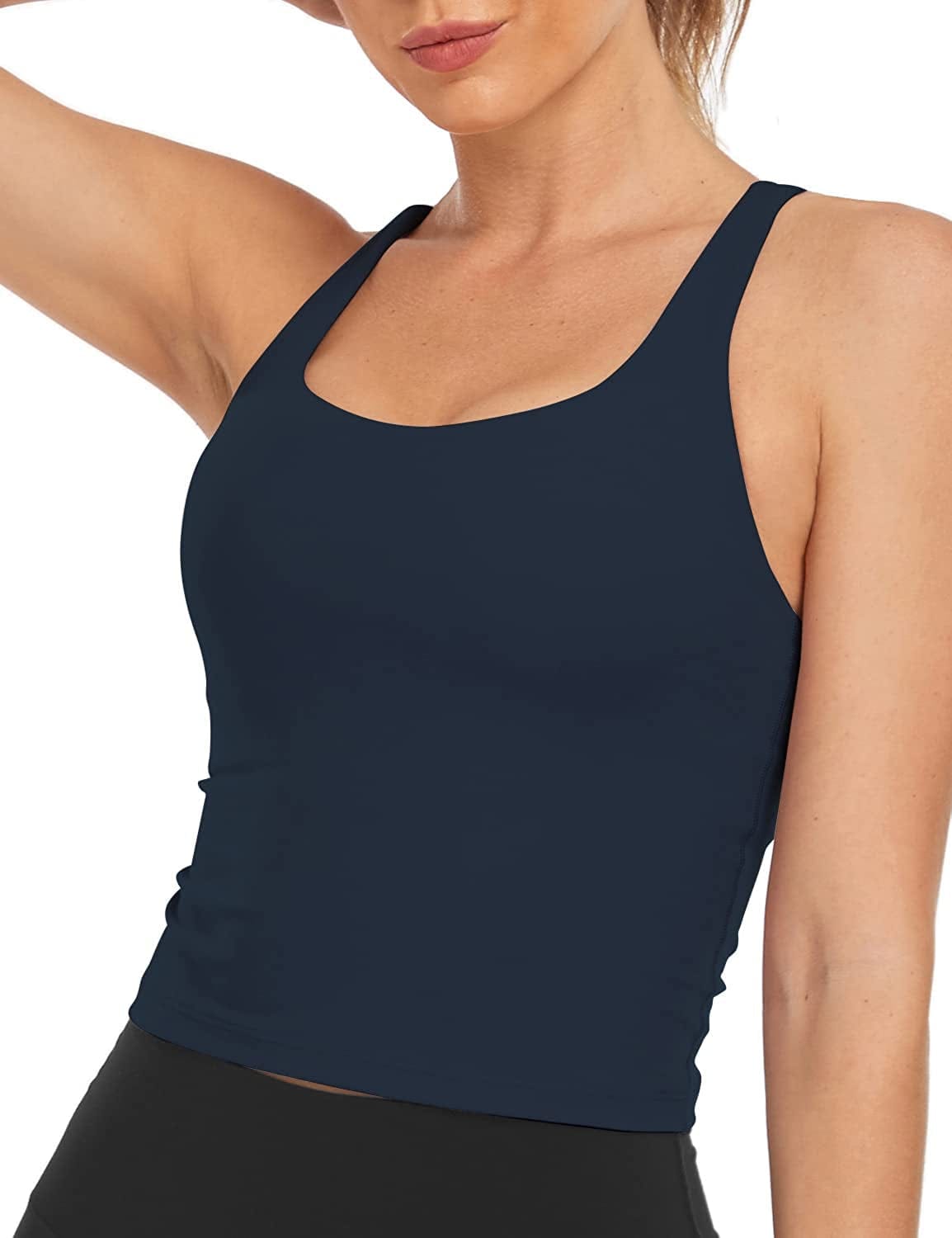 Heynuts Longline Zeal Bras Medium Impact Wirefree Sports Bras Workout Tank Tops with Removable Pads, A-D Cups True Navy / X-Large