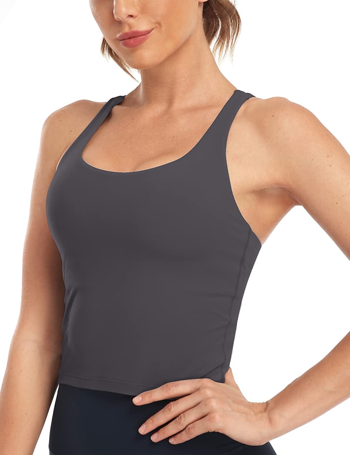 Heynuts Longline Zeal Bras Medium Impact Wirefree Sports Bras Workout Tank Tops with Removable Pads, A-D Cups Graphite Grey / Large