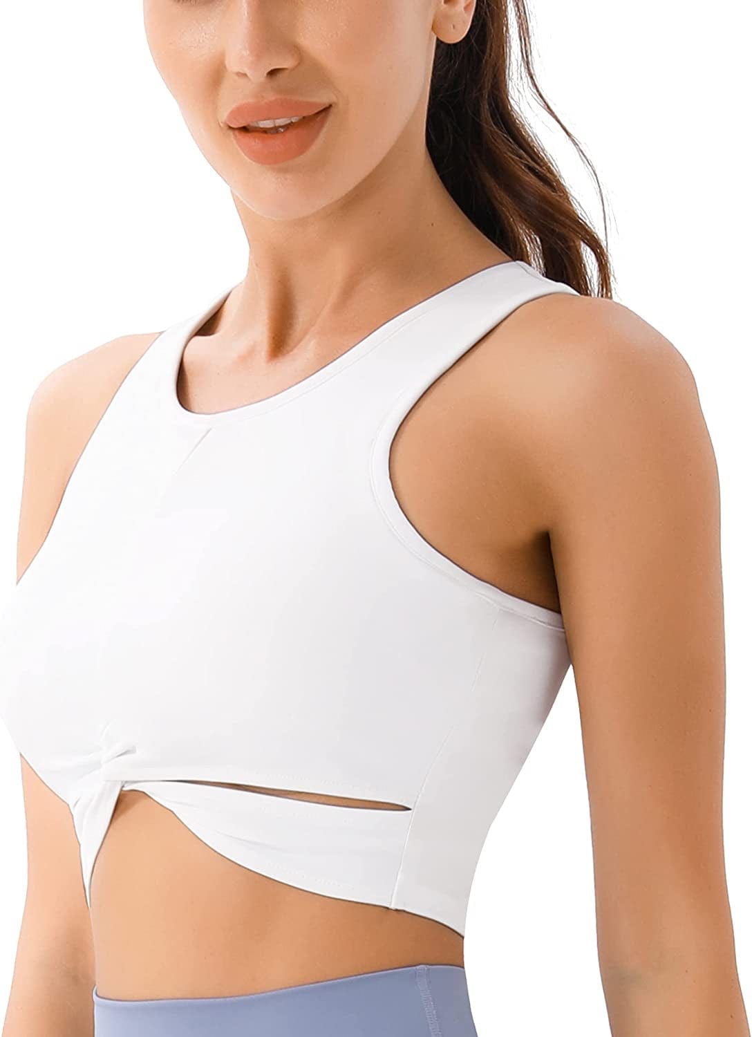 High Neck Workout Crop Tops for Women Front Criss-Cross Medium Support Sports Bra with Removable Cups White / Medium