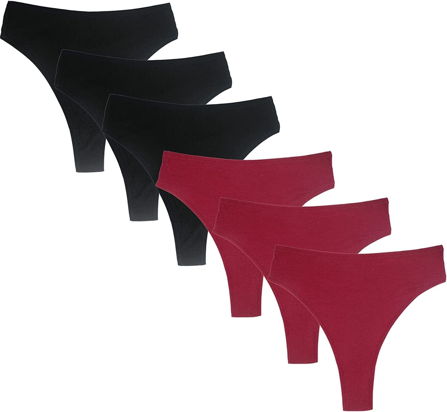 High Waisted Cotton Thongs Underwear for Women Breathable Sport Athletics Panties High Rise plus Size Multipack Black*3 Wine Red*3 / XX-Large