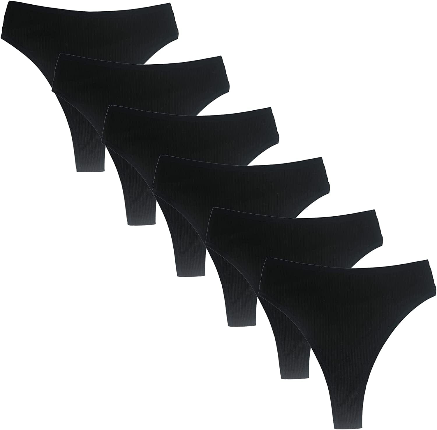 High Waisted Cotton Thongs Underwear for Women Breathable Sport Athletics Panties High Rise plus Size Multipack Black*6 / Large