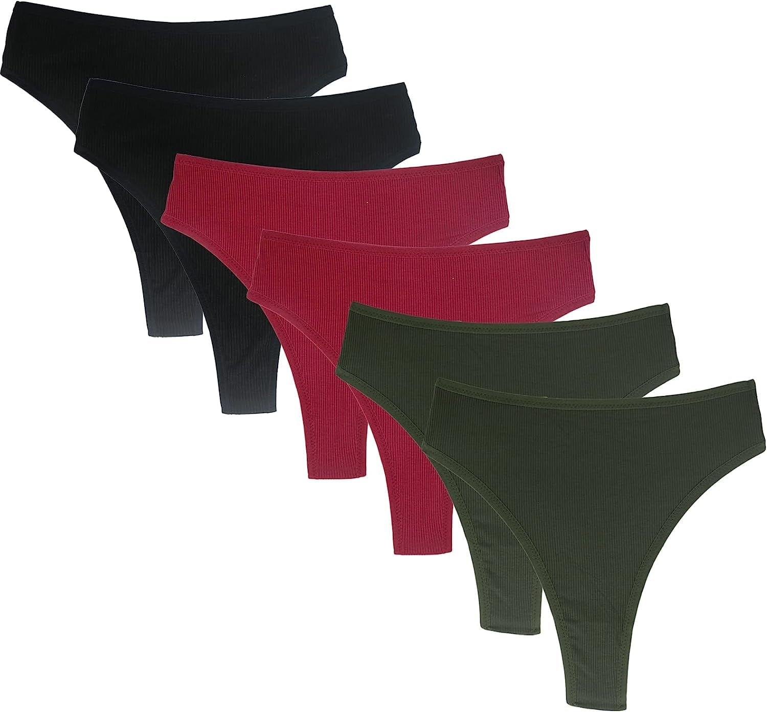 High Waisted Cotton Thongs Underwear for Women Breathable Sport Athletics Panties High Rise plus Size Multipack Black*2 Amry Green*2 Wine Red*2 / Large
