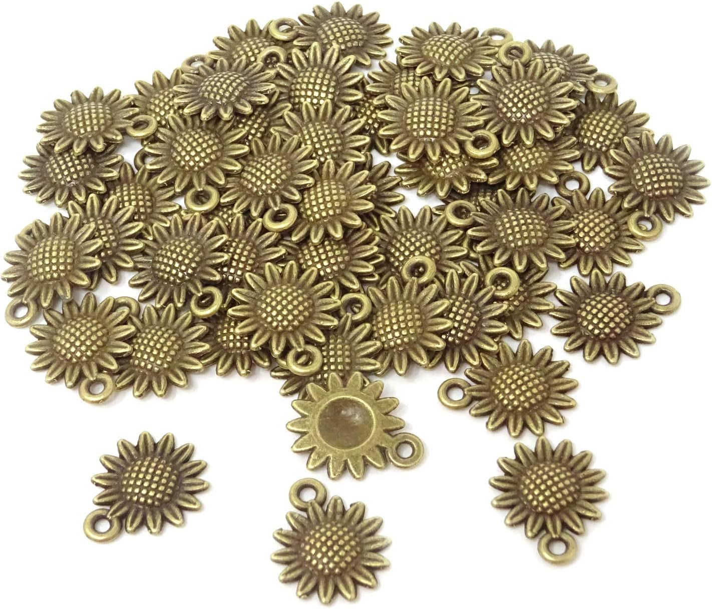 Honbay 50PCS Vintage Alloy Sunflower Charms Pendant for Jewelry Making or DIY Crafts (Silver) Bronze