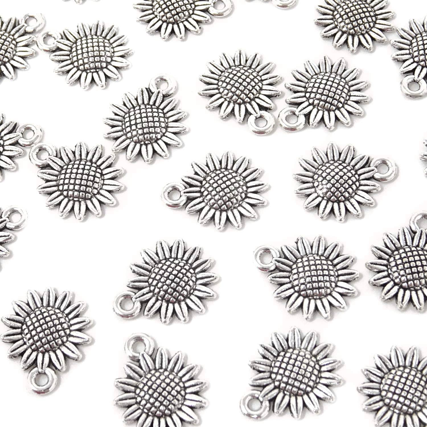 Honbay 50PCS Vintage Alloy Sunflower Charms Pendant for Jewelry Making or DIY Crafts (Silver)