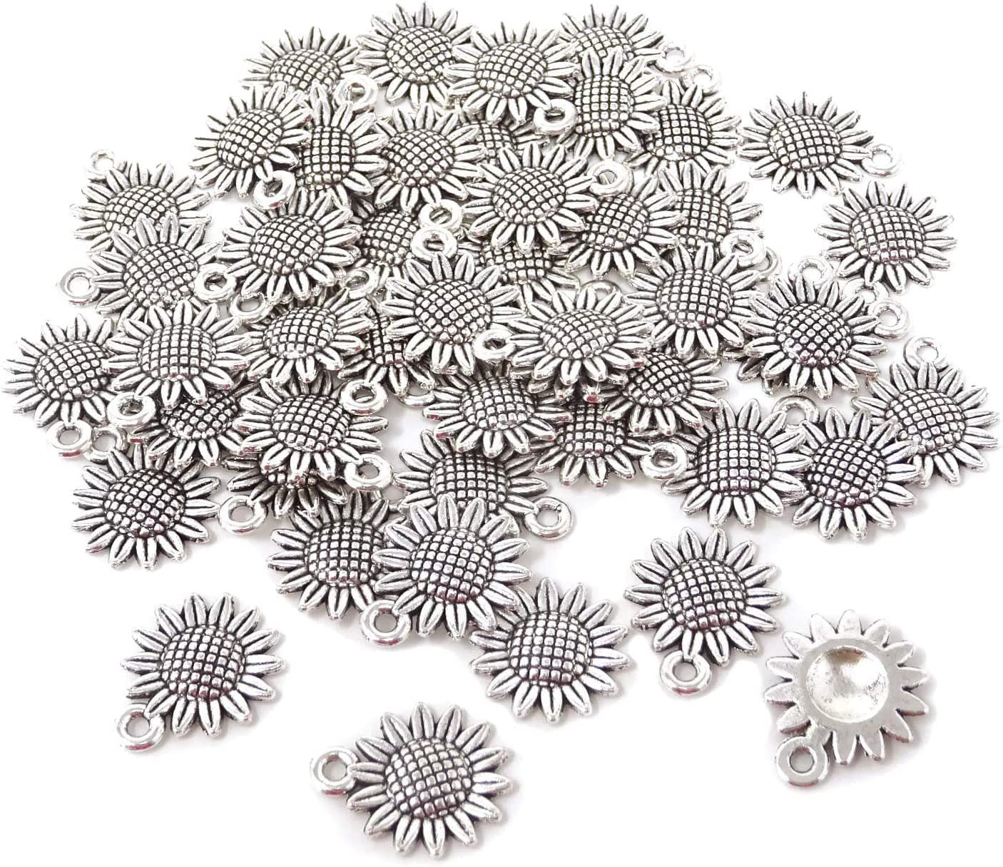 Honbay 50PCS Vintage Alloy Sunflower Charms Pendant for Jewelry Making or DIY Crafts (Silver) Silver