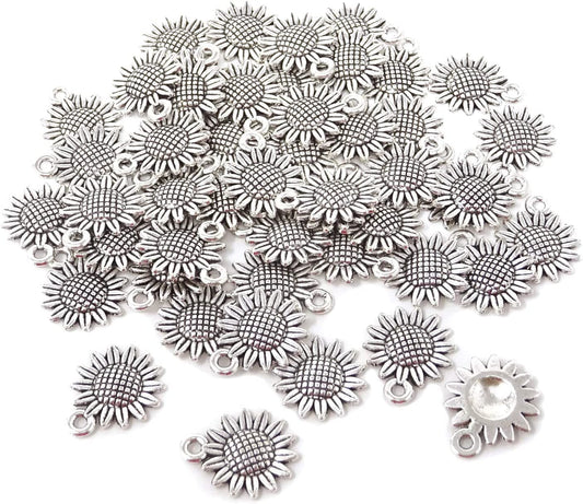 Honbay 50PCS Vintage Alloy Sunflower Charms Pendant for Jewelry Making or DIY Crafts (Silver) Silver