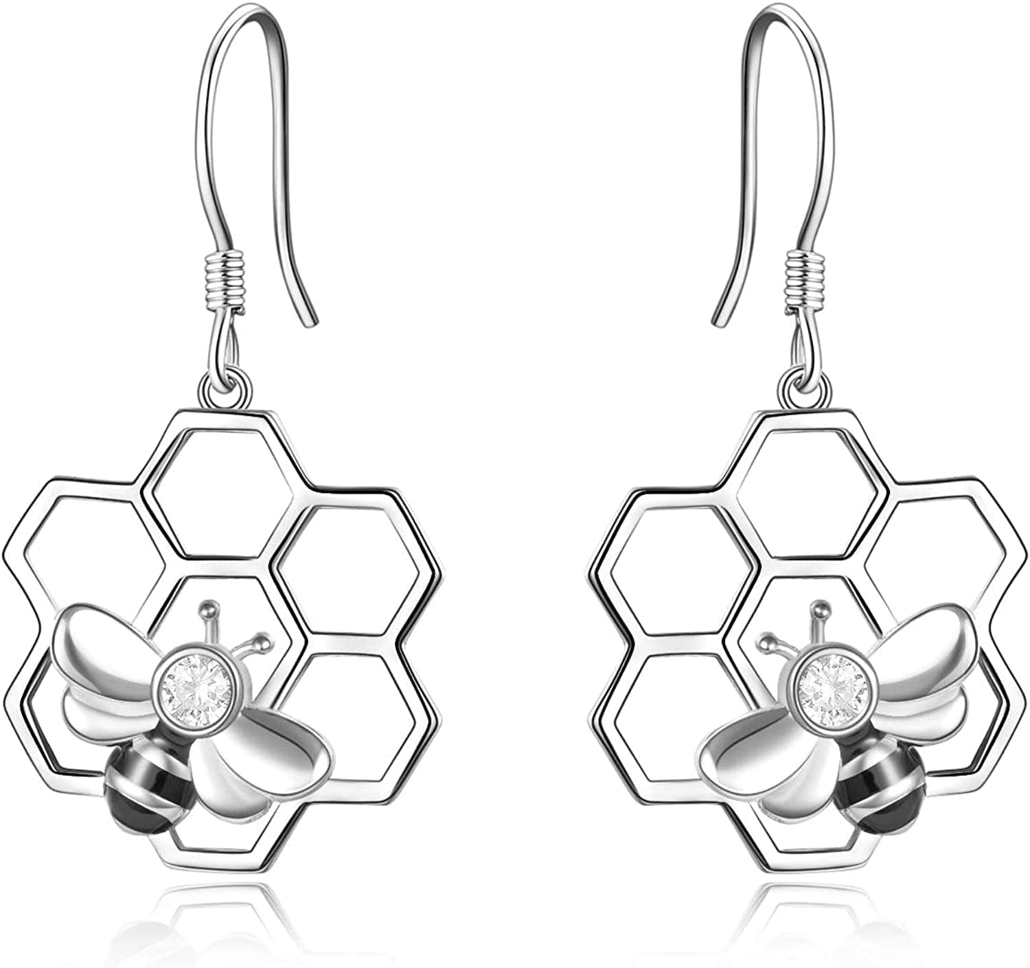 Honeycomb with Bee Stud Earrings 925 Sterling Silver Beehive and Bee Earrings for Women (Bee Earrings) A-Silver bee earrings