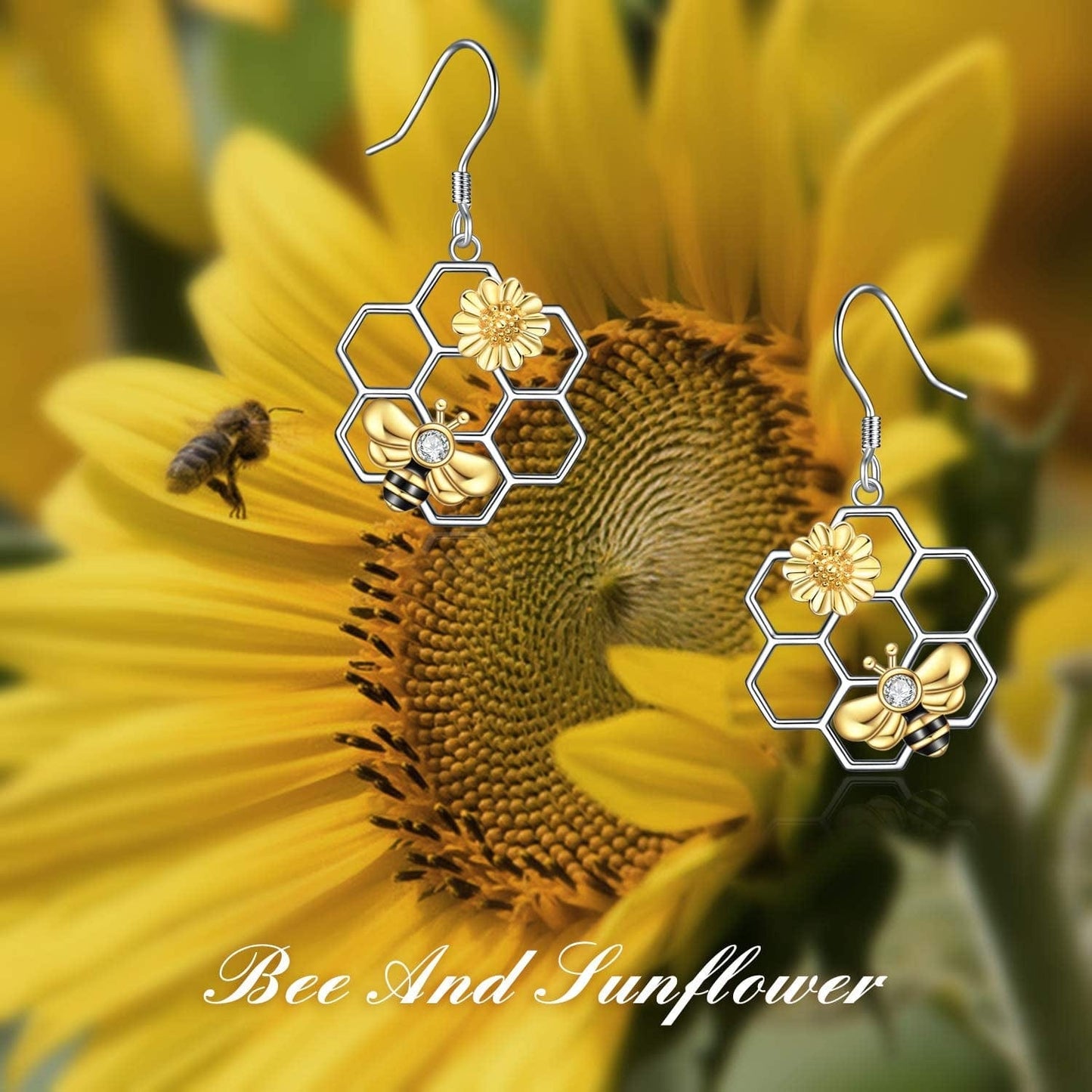Honeycomb with Bee Stud Earrings 925 Sterling Silver Beehive and Bee Earrings for Women (Bee Earrings)