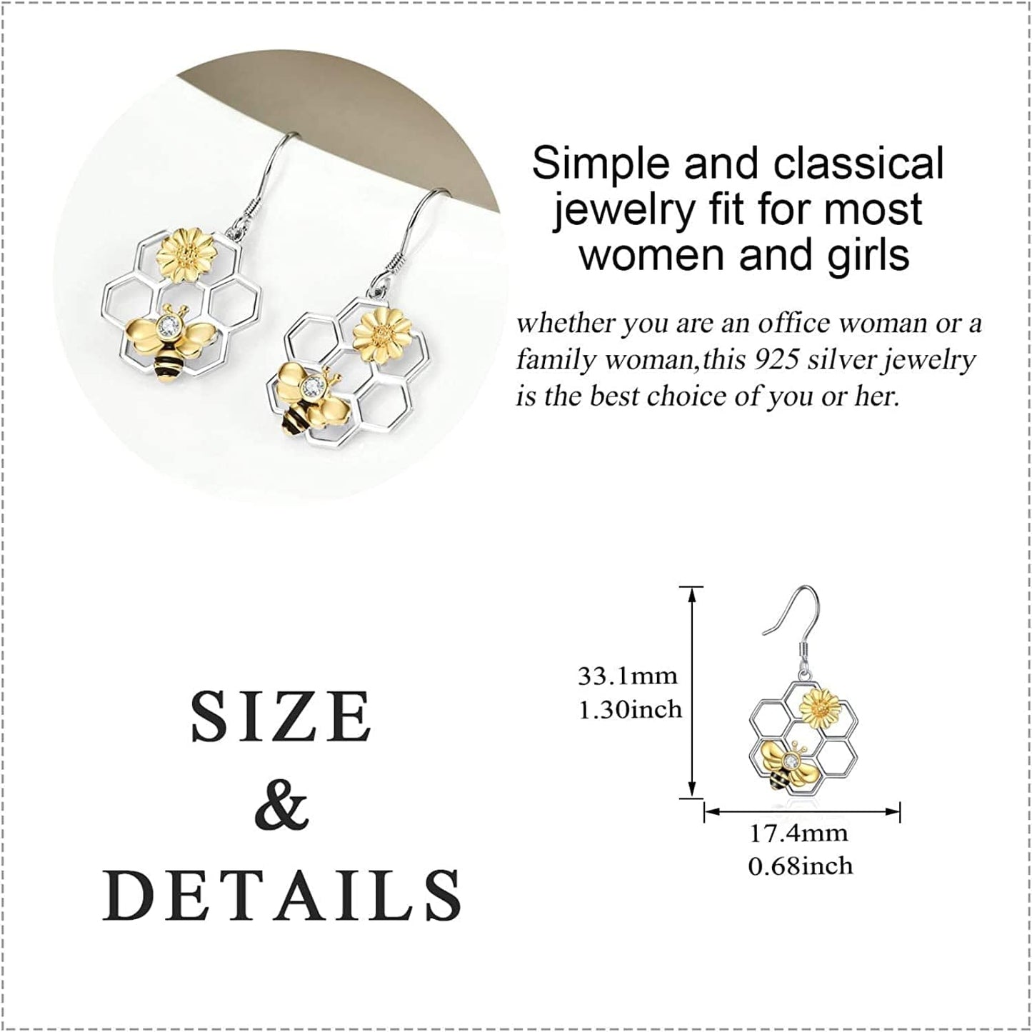 Honeycomb with Bee Stud Earrings 925 Sterling Silver Beehive and Bee Earrings for Women (Bee Earrings)