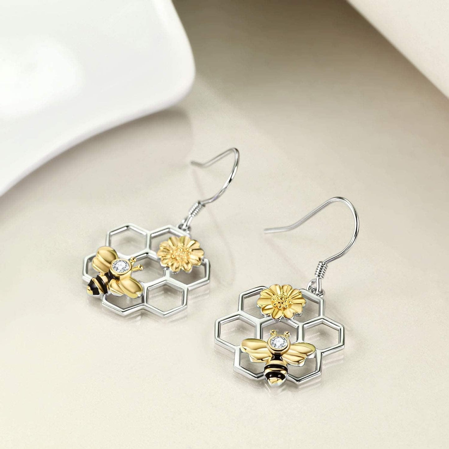 Honeycomb with Bee Stud Earrings 925 Sterling Silver Beehive and Bee Earrings for Women (Bee Earrings)