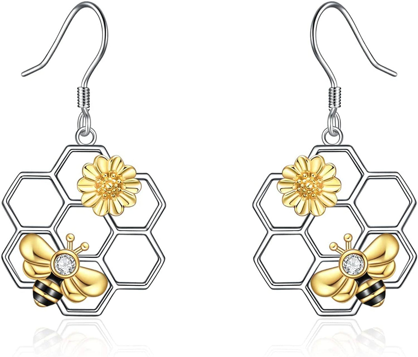 Honeycomb with Bee Stud Earrings 925 Sterling Silver Beehive and Bee Earrings for Women (Bee Earrings) B-Bee earrings