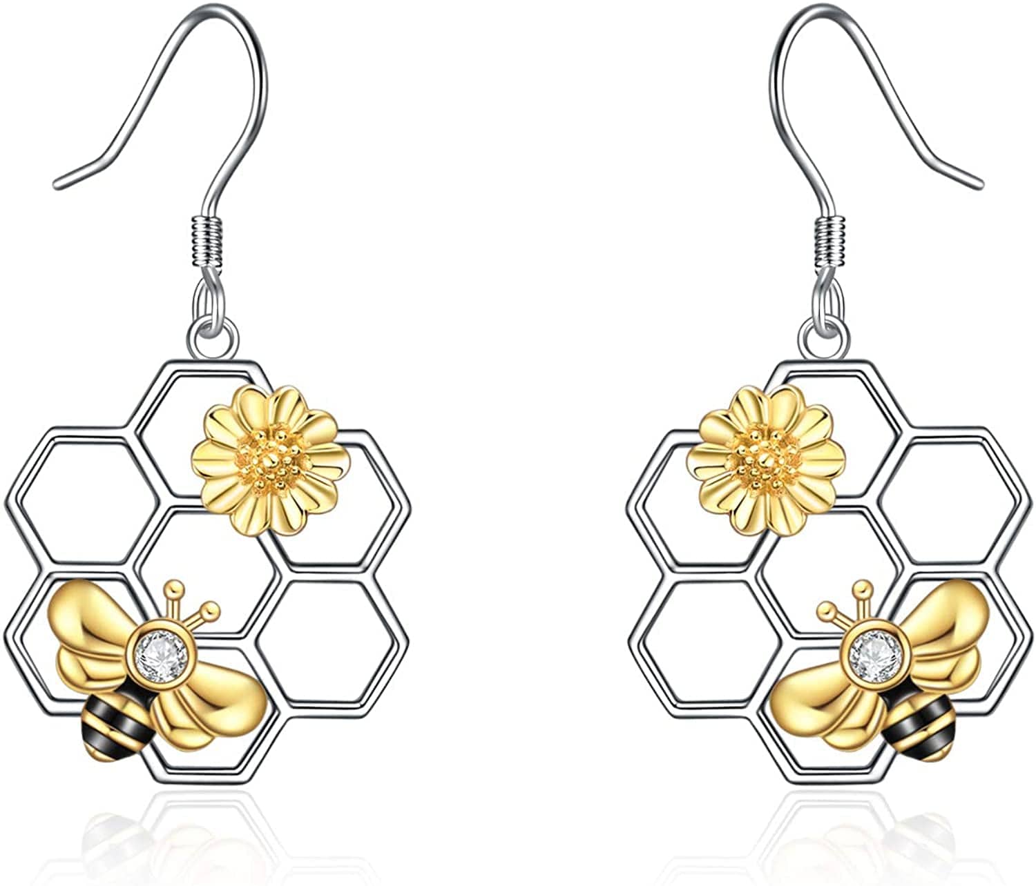 Honeycomb with Bee Stud Earrings 925 Sterling Silver Beehive and Bee Earrings for Women (Bee Earrings) B-Bee earrings