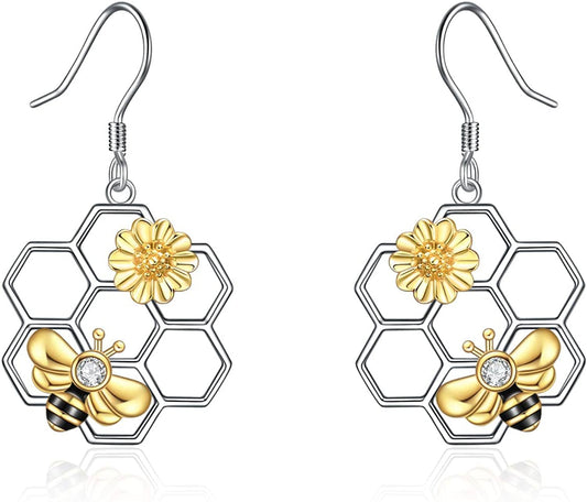 Honeycomb with Bee Stud Earrings 925 Sterling Silver Beehive and Bee Earrings for Women (Bee Earrings) B-Bee earrings