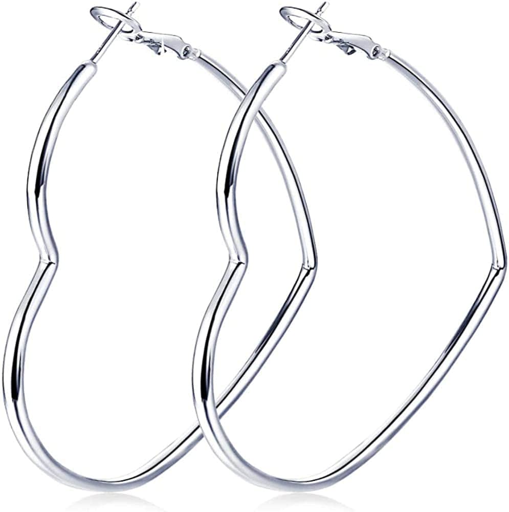 Hoop Earrings, Fashion Jewelry Statement Large Geometric Heart Hoop Earrings for Women Girls Gift H-Silver-2.36in
