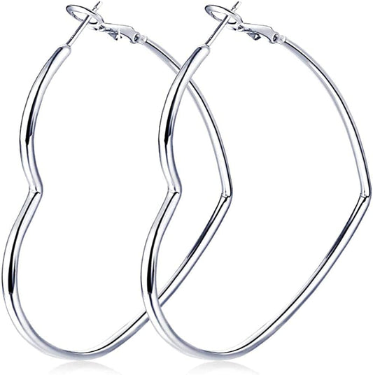 Hoop Earrings, Fashion Jewelry Statement Large Geometric Heart Hoop Earrings for Women Girls Gift H-Silver-2.36in