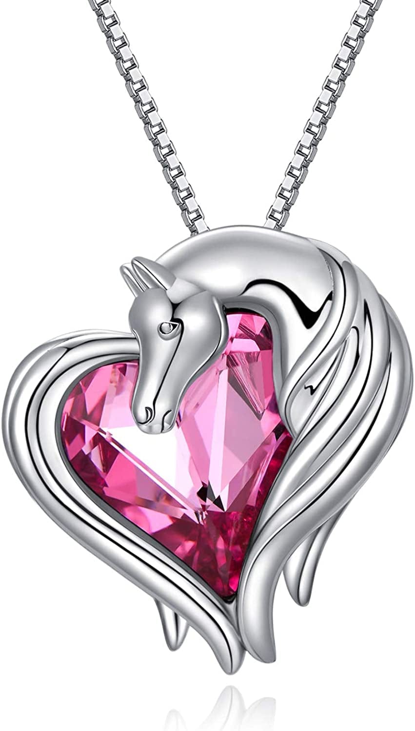 Horse Necklace Sterling Silver Horse in Heart Pendant Necklace Animal Horse Jewelry Gift for Women Teen Girls Horse Lovers, Embellished with Crystals from Austria Horse-Pink