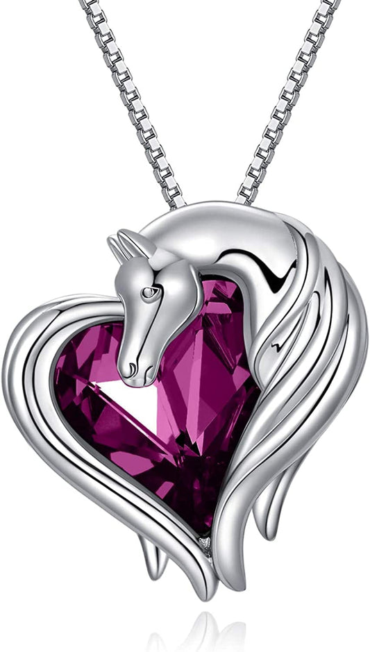 Horse Necklace Sterling Silver Horse in Heart Pendant Necklace Animal Horse Jewelry Gift for Women Teen Girls Horse Lovers, Embellished with Crystals from Austria Horse-Simulated Amethyst