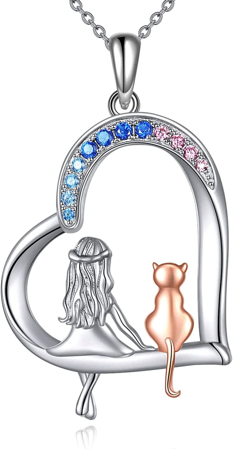 Horse Necklace, Wolf and Girl Necklace, Panda and Horse Necklace, Dragon and Unicorn Necklace, Sterling Silver Love Heart Birthday Christmas Jewelry Gifts for Women Teen Girls Silver gilr and cat necklace