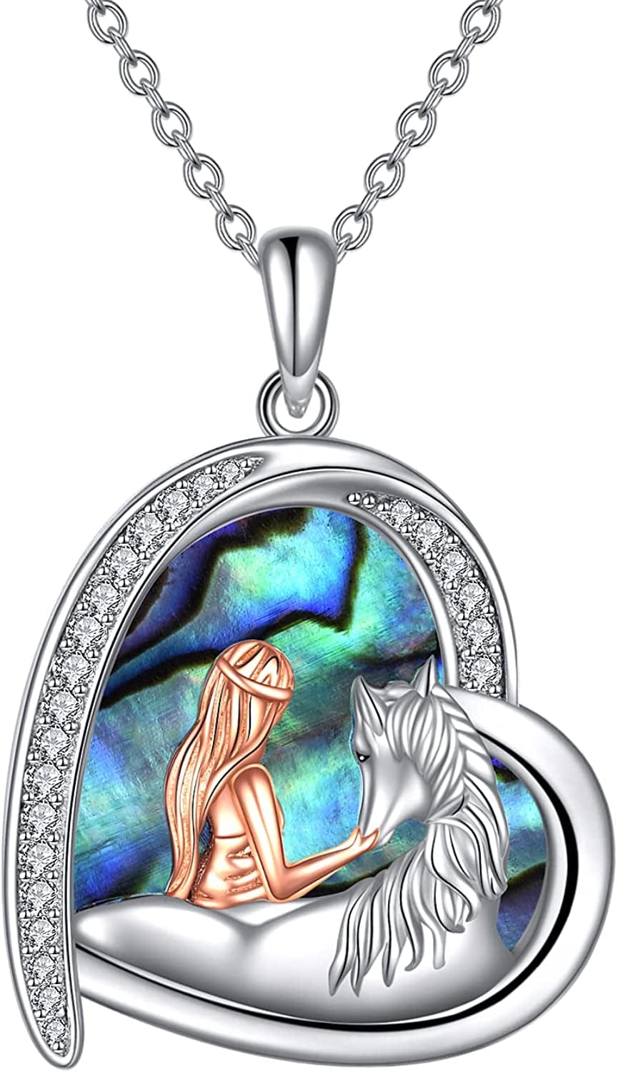 Horse Necklace, Wolf and Girl Necklace, Panda and Horse Necklace, Dragon and Unicorn Necklace, Sterling Silver Love Heart Birthday Christmas Jewelry Gifts for Women Teen Girls Horse necklace with abalone