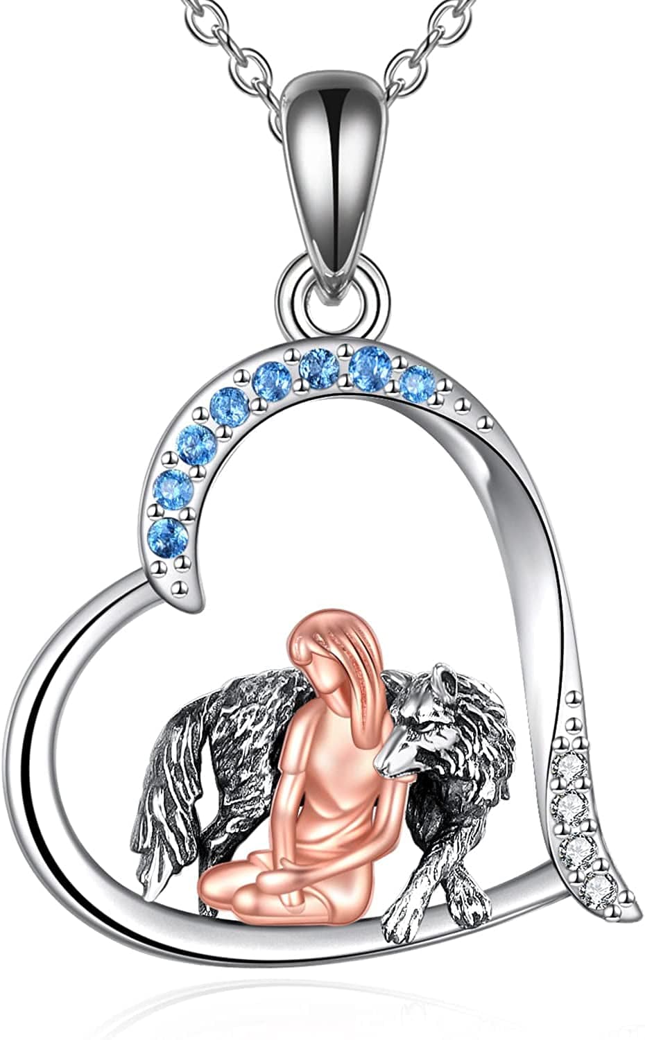 Horse Necklace, Wolf and Girl Necklace, Panda and Horse Necklace, Dragon and Unicorn Necklace, Sterling Silver Love Heart Birthday Christmas Jewelry Gifts for Women Teen Girls Silver wolf guard gilr necklace