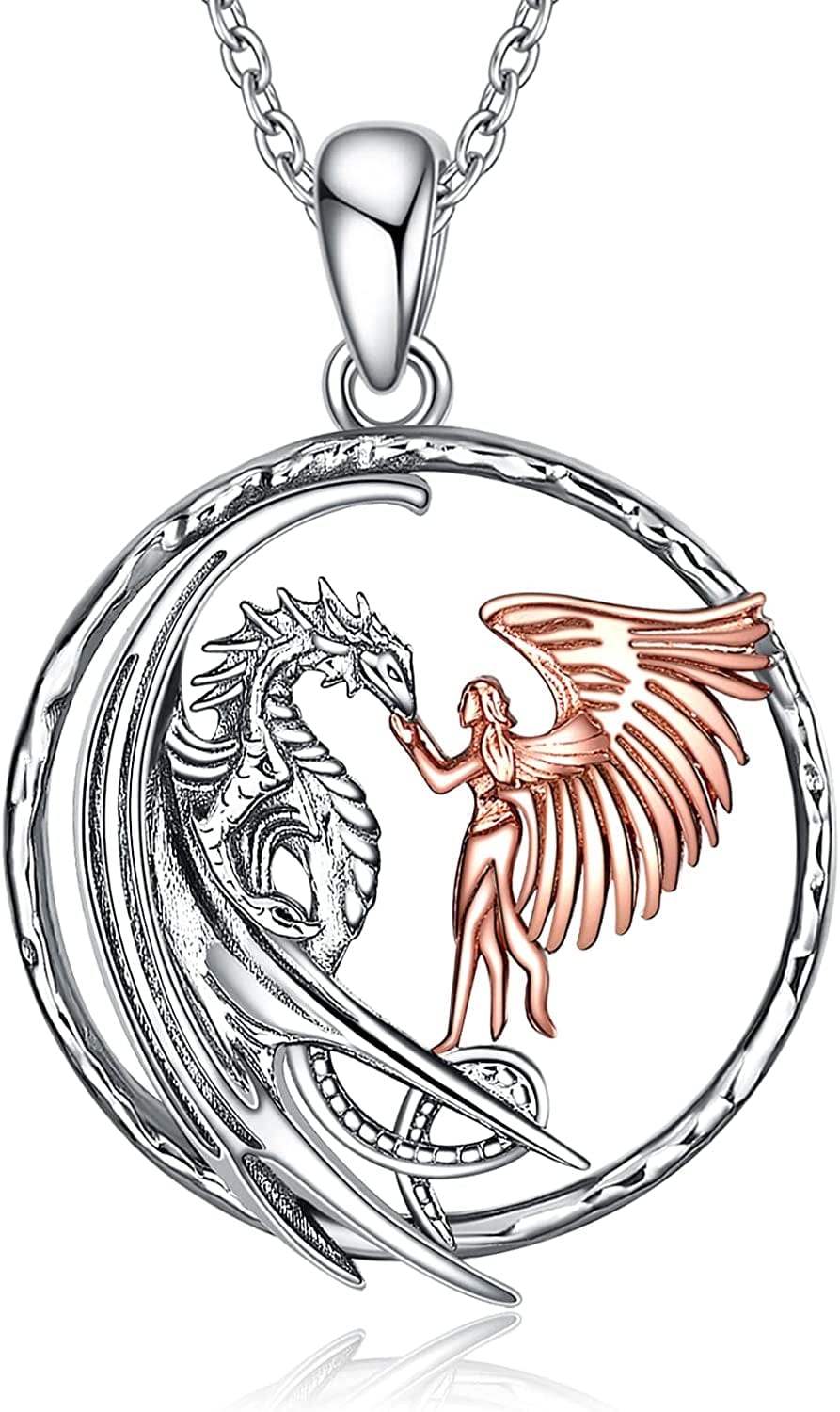 Horse Necklace, Wolf and Girl Necklace, Panda and Horse Necklace, Dragon and Unicorn Necklace, Sterling Silver Love Heart Birthday Christmas Jewelry Gifts for Women Teen Girls Silver dragon necklace