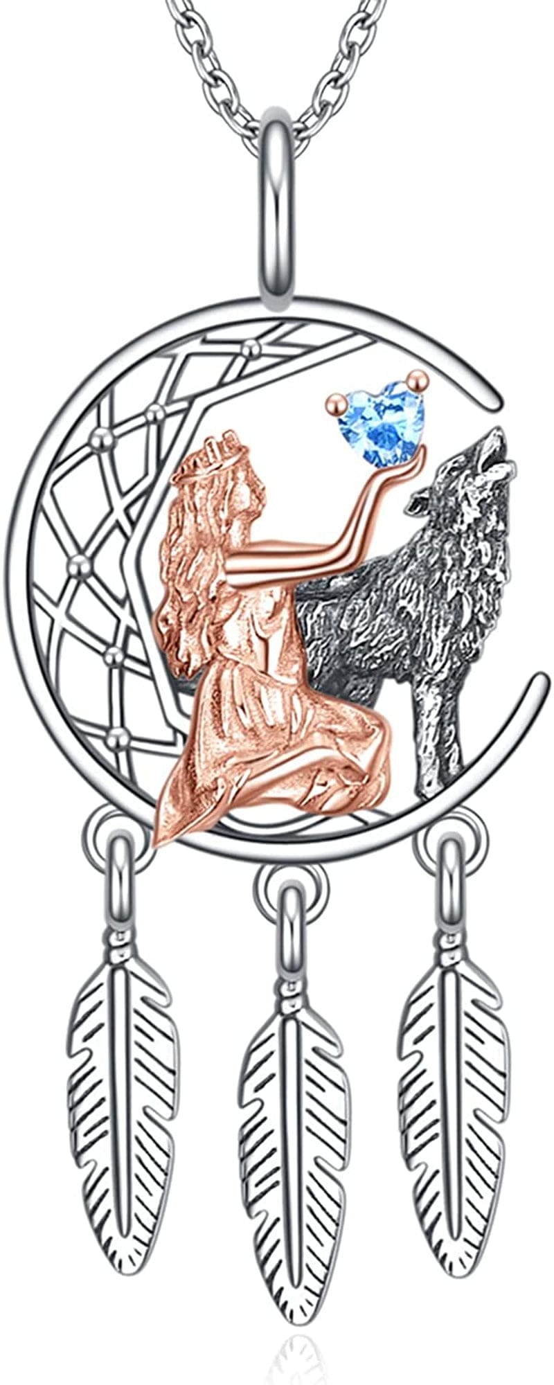 Horse Necklace, Wolf and Girl Necklace, Panda and Horse Necklace, Dragon and Unicorn Necklace, Sterling Silver Love Heart Birthday Christmas Jewelry Gifts for Women Teen Girls Silver girl and wolf dreamcatcher necklace