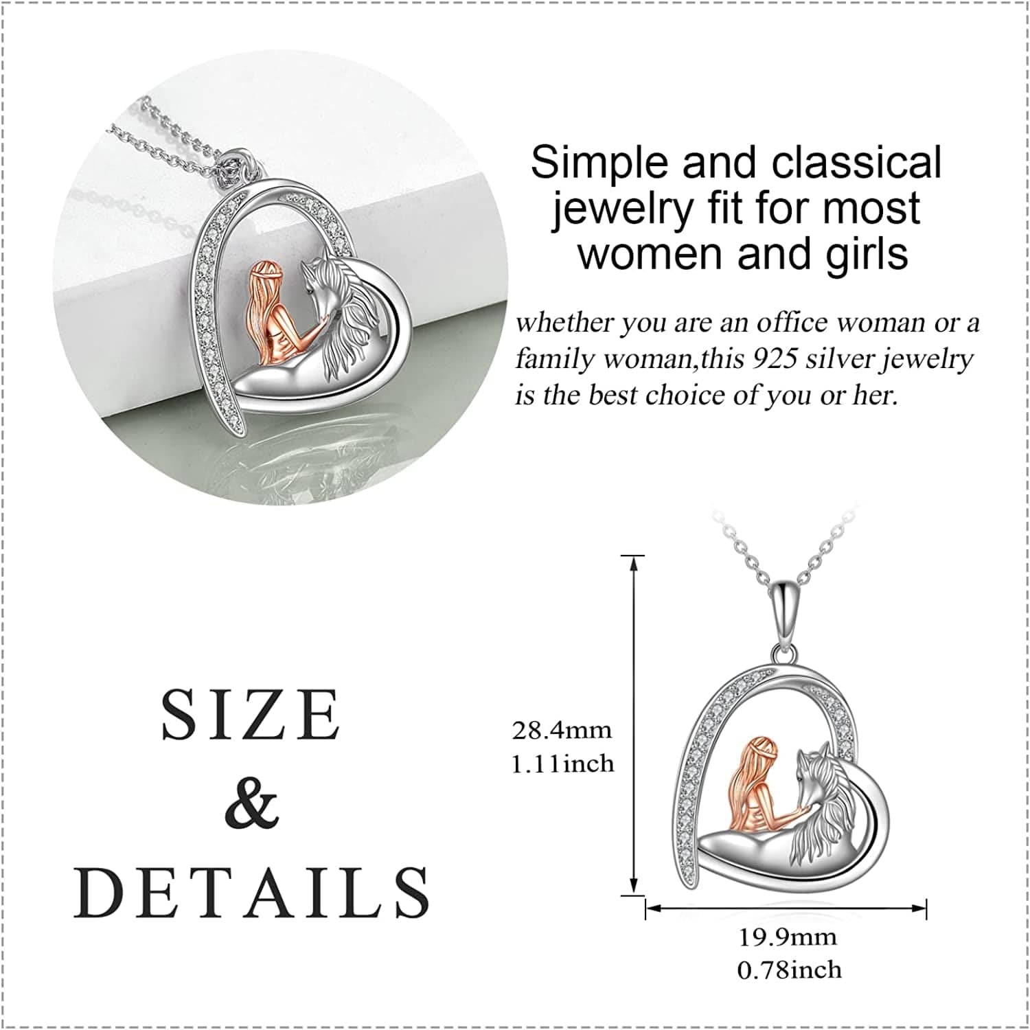 Horse Necklace, Wolf and Girl Necklace, Panda and Horse Necklace, Dragon and Unicorn Necklace, Sterling Silver Love Heart Birthday Christmas Jewelry Gifts for Women Teen Girls